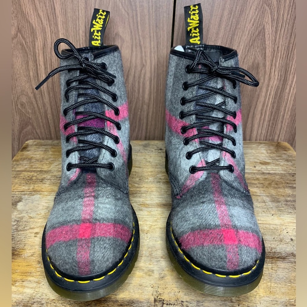 Dr. Martens Gray Mohair  Plaid Combat Boots with Pink Accents. Size 8.
